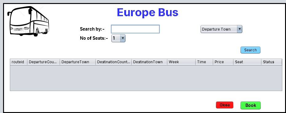 Europe Bus Java Swing booking window with route search