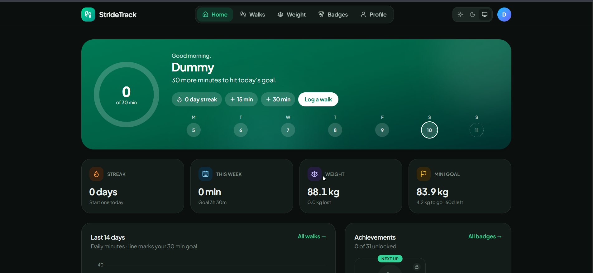 StrideTrack dashboard with daily goal ring, streak and weight stats